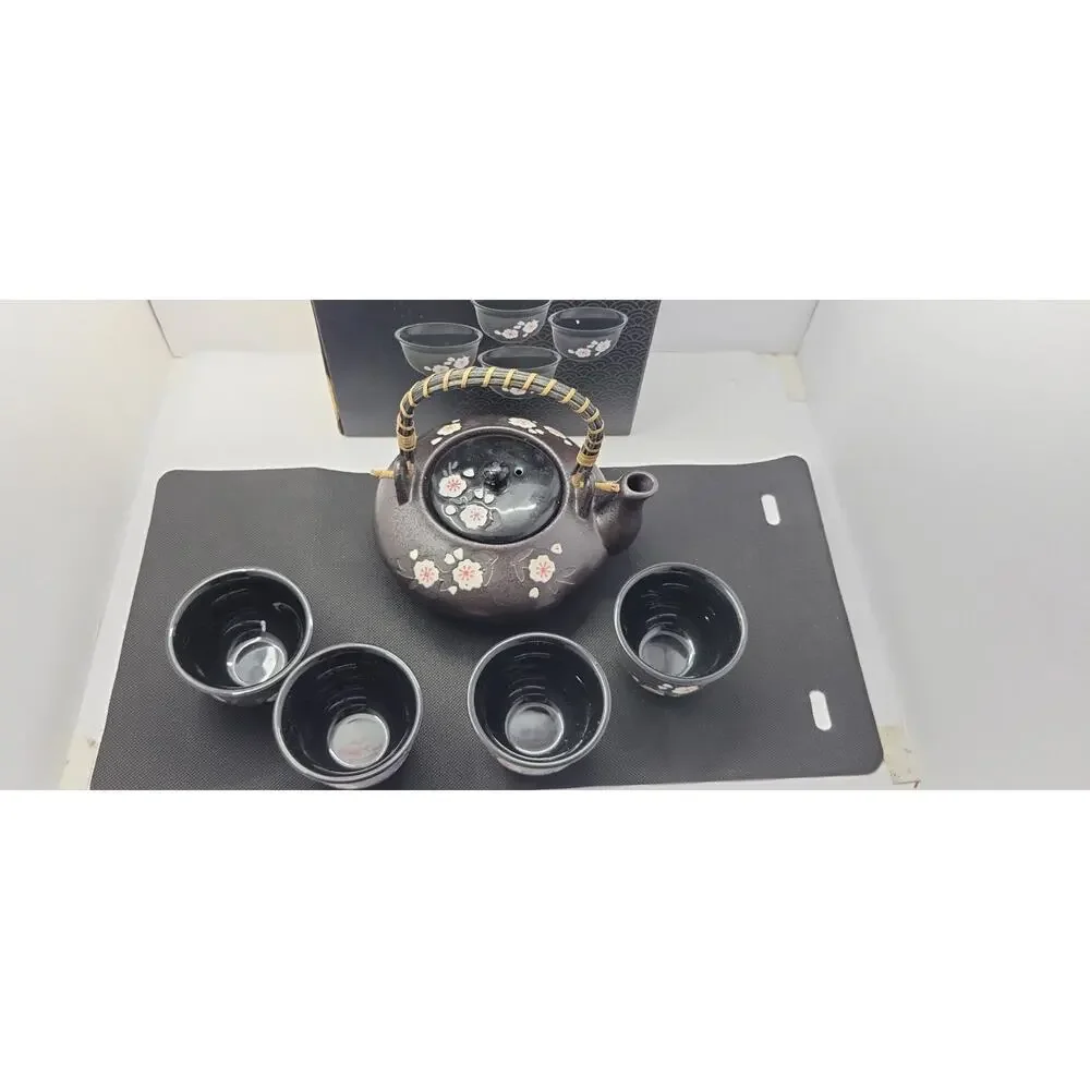 Nikko Collections Japanese Tea Set Black Sakura Cherry Blossom Teapot 4 Cups...